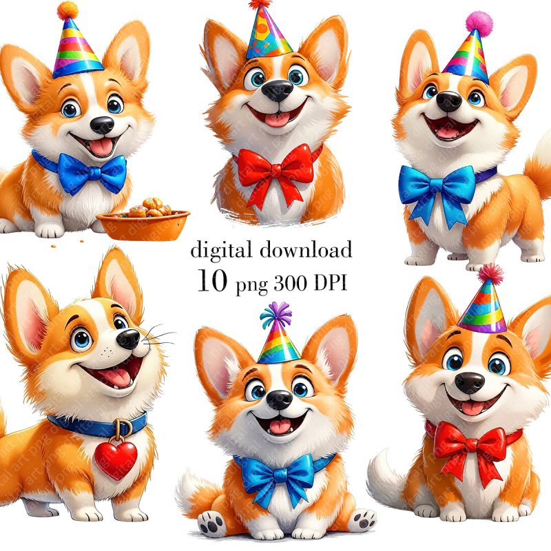 Birthday Corgi Clipart, Party Dogs PNG, Cute dog Clipart
