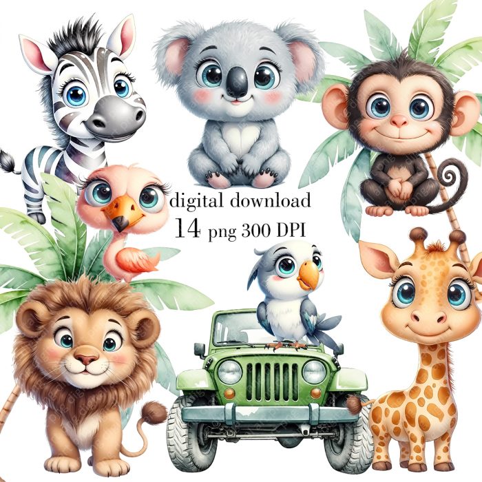 African Animals Clipart, Watercolor Jungle Animals PNG, Baby Animals, Safari Adventure