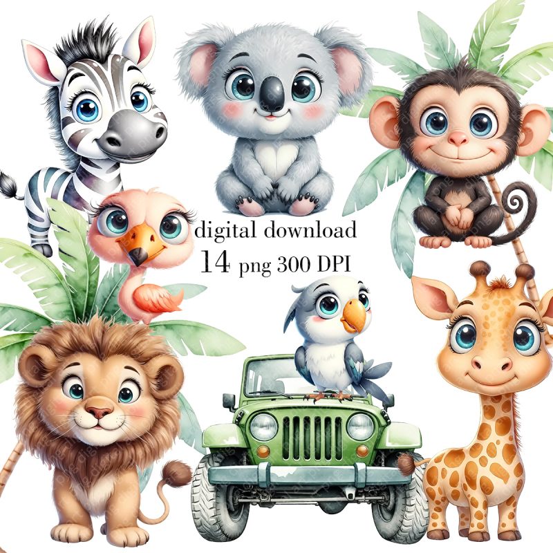 African Animals Clipart, Watercolor Jungle Animals PNG, Baby Animals, Safari Adventure