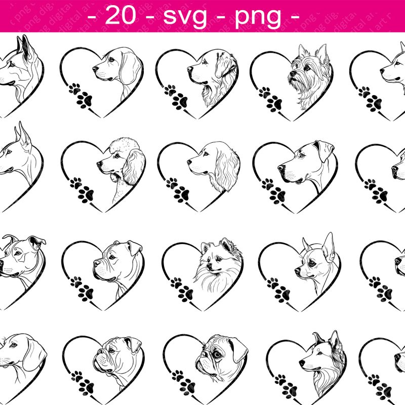 Dog Breeds SVG, Dog Breeds in Heart, Paw Prints, Cricut & Silhouette
