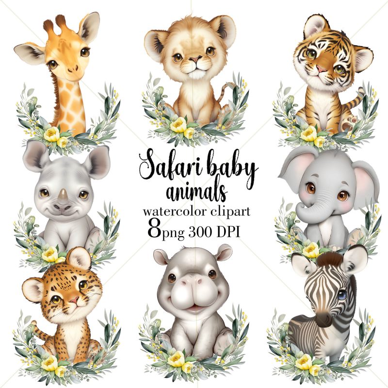 Safari Baby Animals Clipart, Watercolor Jungle Animals PNG, Nursery Decor
