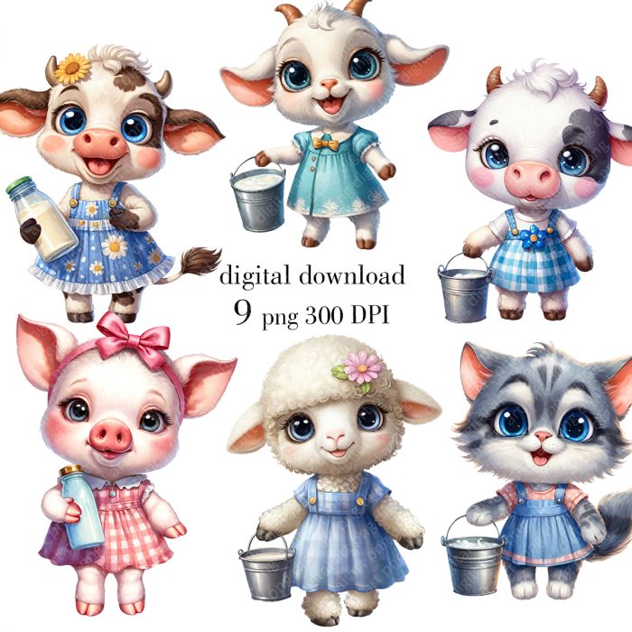 Farm animals clipart, Cute Farm Animals, Goat, Sheep, Calf, Pig Png Print