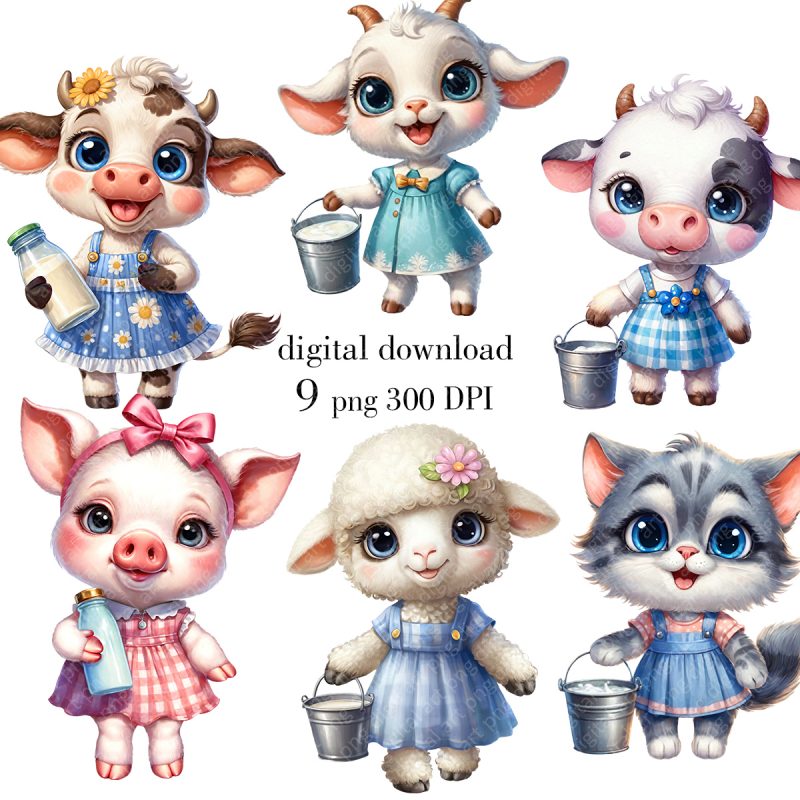 Farm animals clipart, Cute Farm Animals, Goat, Sheep, Calf, Pig Png Print