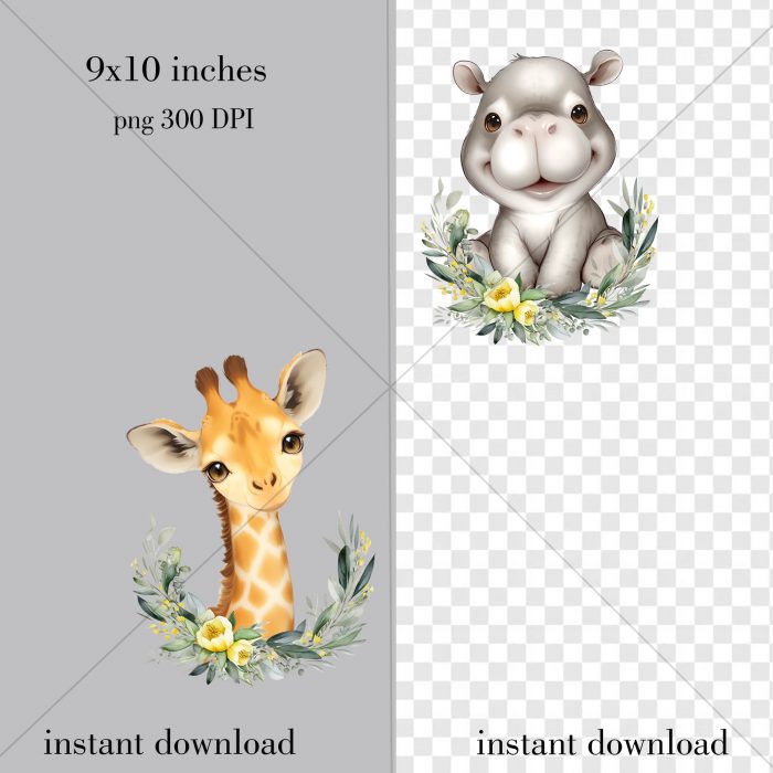 Safari Baby Animals Clipart, Watercolor Jungle Animals PNG, Nursery Decor - Image 5