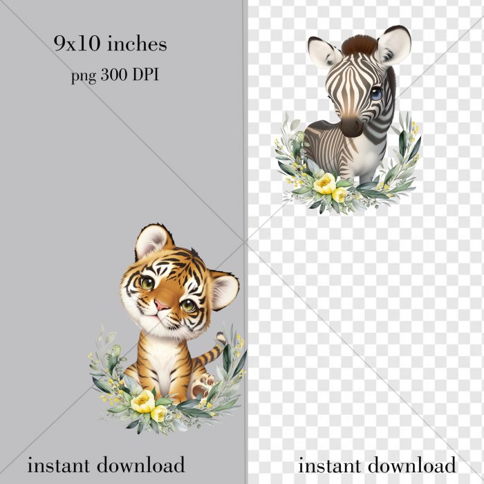 Safari Baby Animals Clipart, Watercolor Jungle Animals PNG, Nursery Decor - Image 4