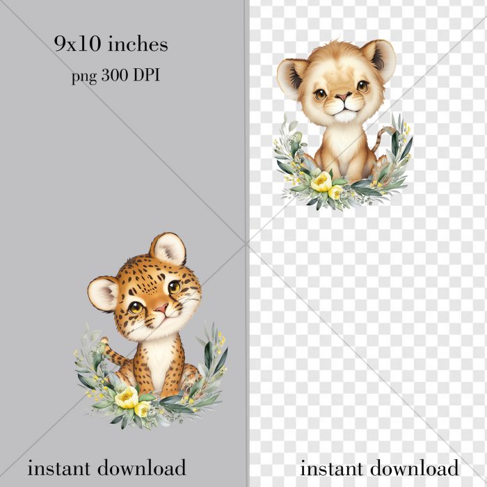 Safari Baby Animals Clipart, Watercolor Jungle Animals PNG, Nursery Decor - Image 3