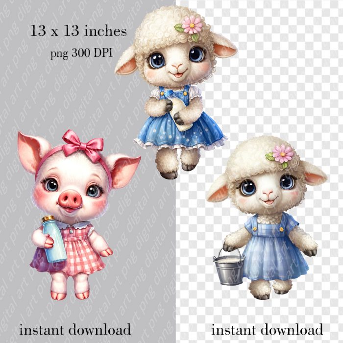 Farm animals clipart, Cute Farm Animals, Goat, Sheep, Calf, Pig Png Print - Image 2