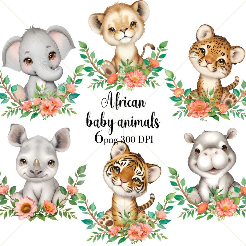 African Baby Animals, Watercolor African Animals PNG, Nursery Decor, Baby Shower Invitation