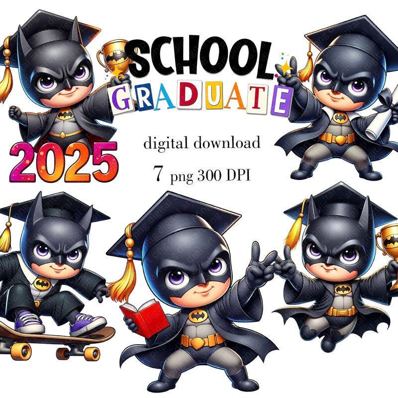 Batman Graduate print, School Graduate Clipart 2025, Superhero Graduation PNG, End of School Year