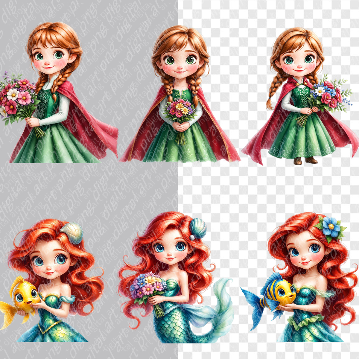 Princesses Clipart Bundle, Cartoon Princess Digital Art, Disney Princess PNG 3 Princesses Clipart Bundle