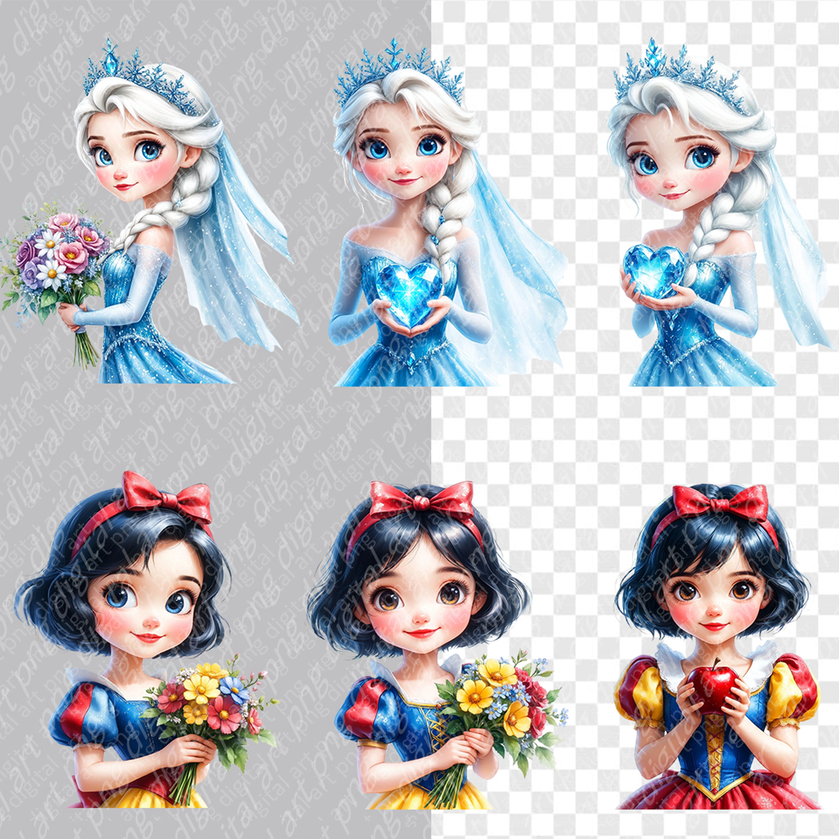 Princesses Clipart Bundle, Cartoon Princess Digital Art, Disney Princess PNG 2 Princesses Clipart Bundle