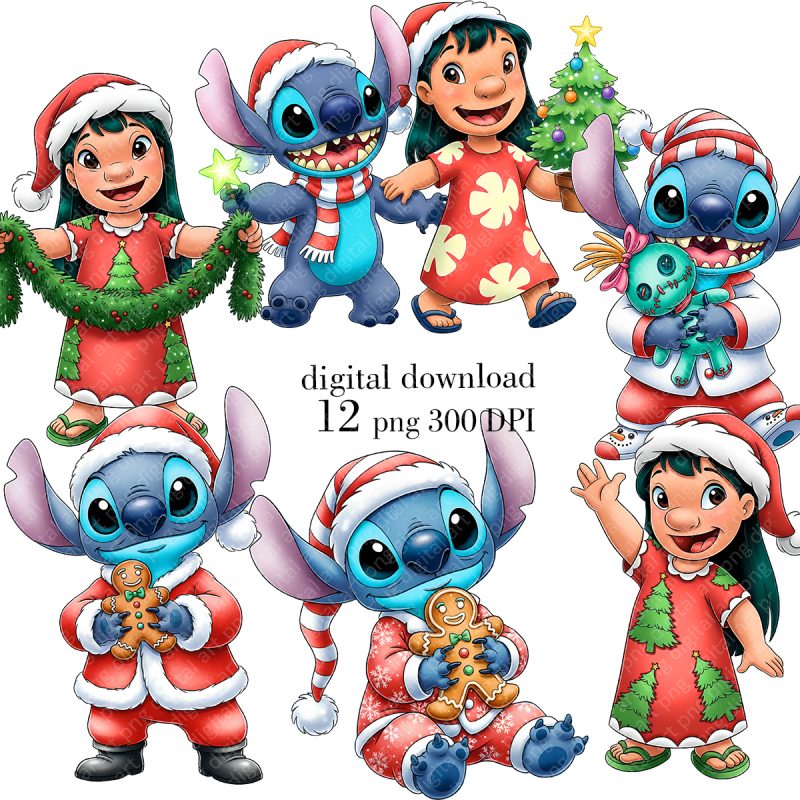Stitch Christmas Bundle 2, Stitch and Lilo Christmas Clipart, Santa Stitch Sublimation