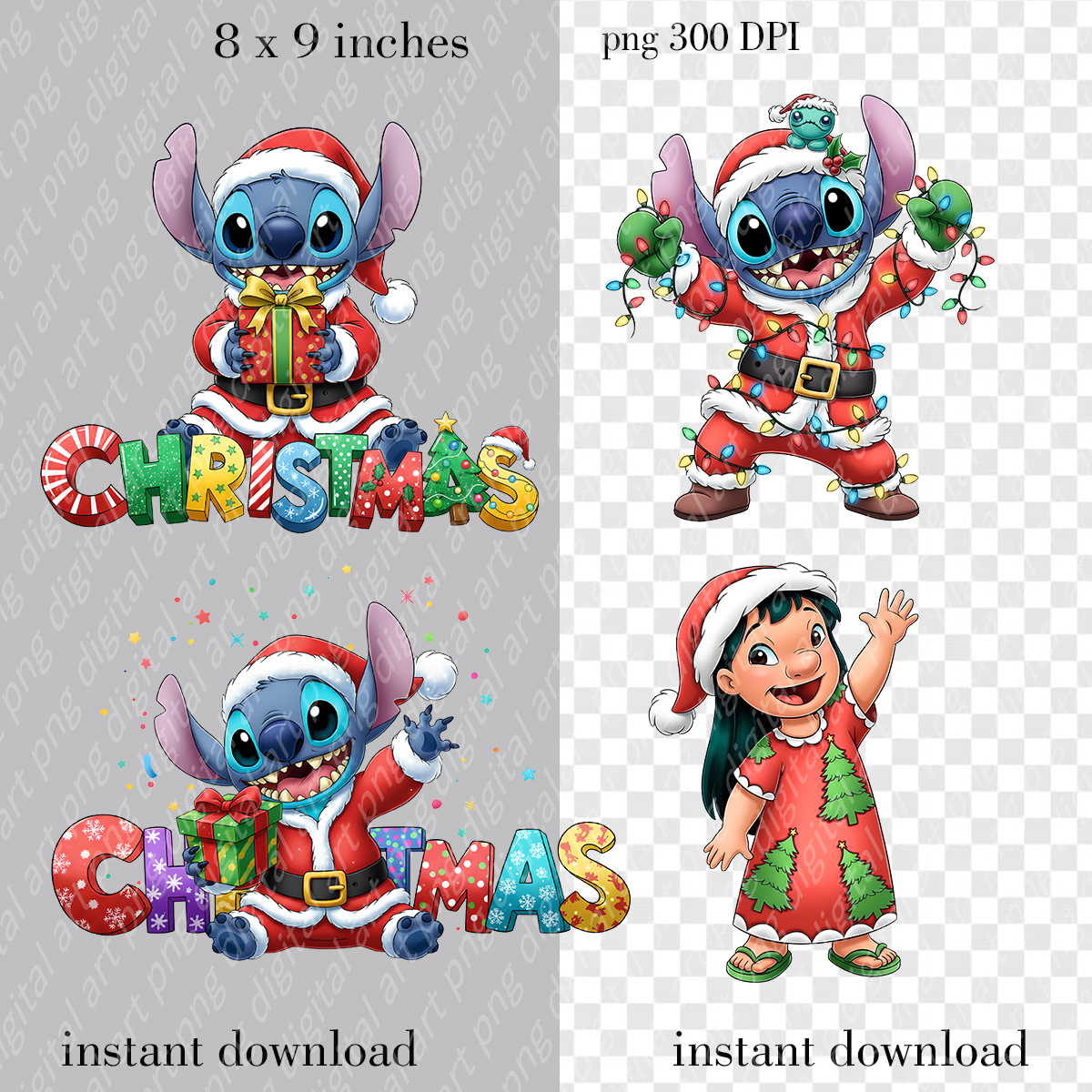 Stitch Christmas Bundle 1, Stitch and Lilo Christmas Clipart, Santa Stitch Sublimation 3 Stitch Christmas Bundle
