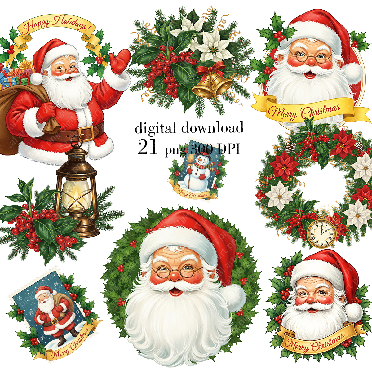 Watercolor Retro Santa, Santa Claus Clipart Bundle - 21 PNGs 1 Watercolor Retro Santa