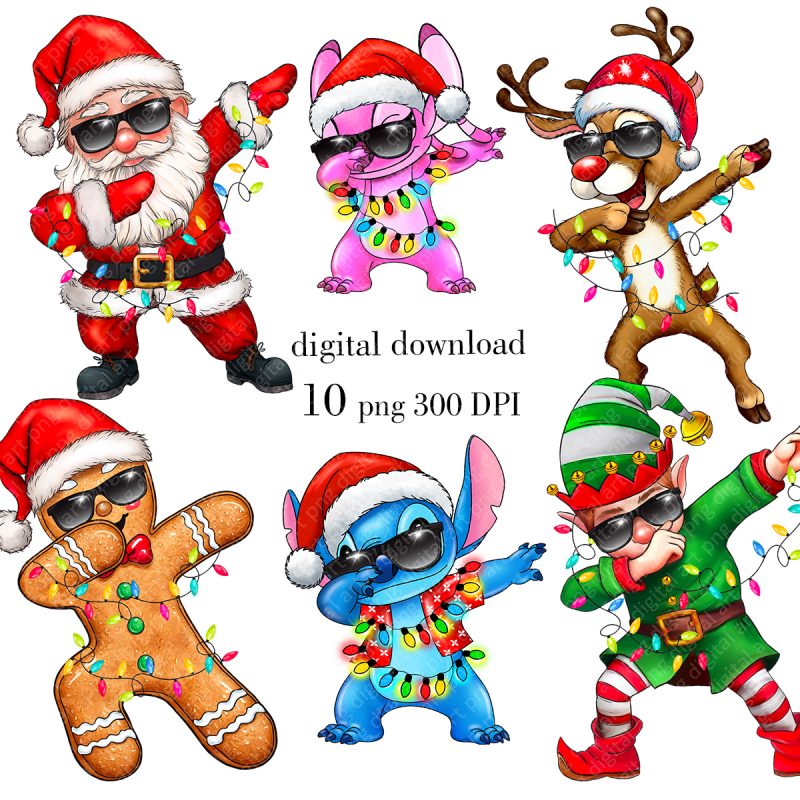 Dabbing Christmas Clipart, Santa, Reindeer, Elf, Stitch Sublimation Design, Holiday Graphics