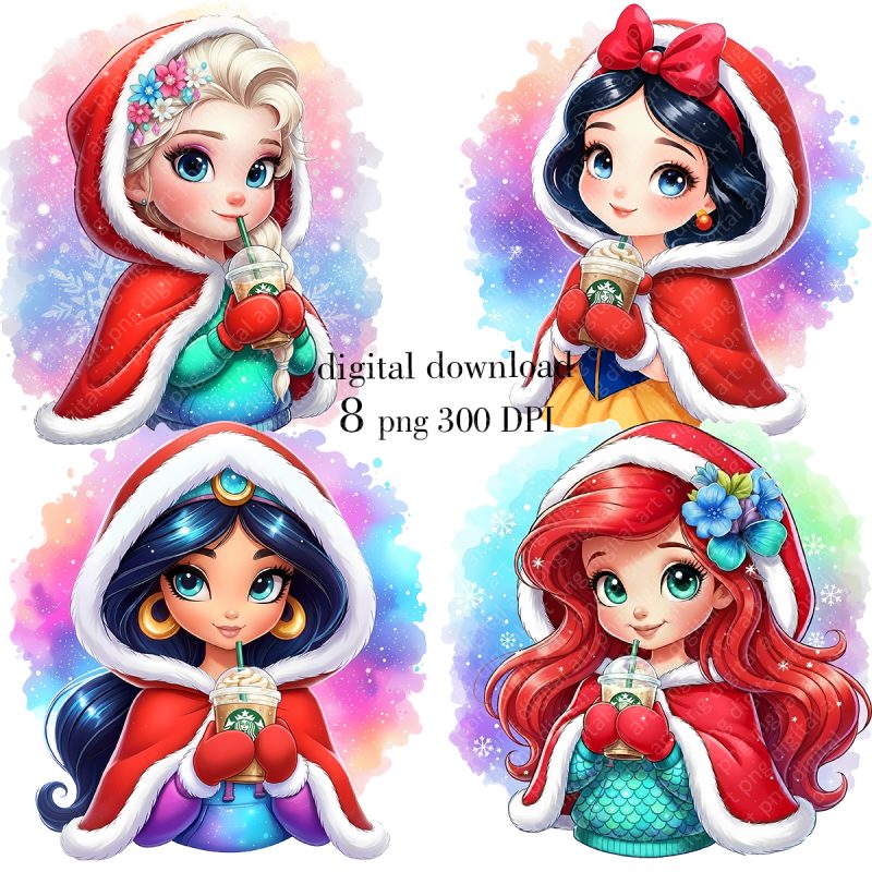Winter Princesses Clipart, Christmas Princesses Clipart, Fairytale Holiday PNG