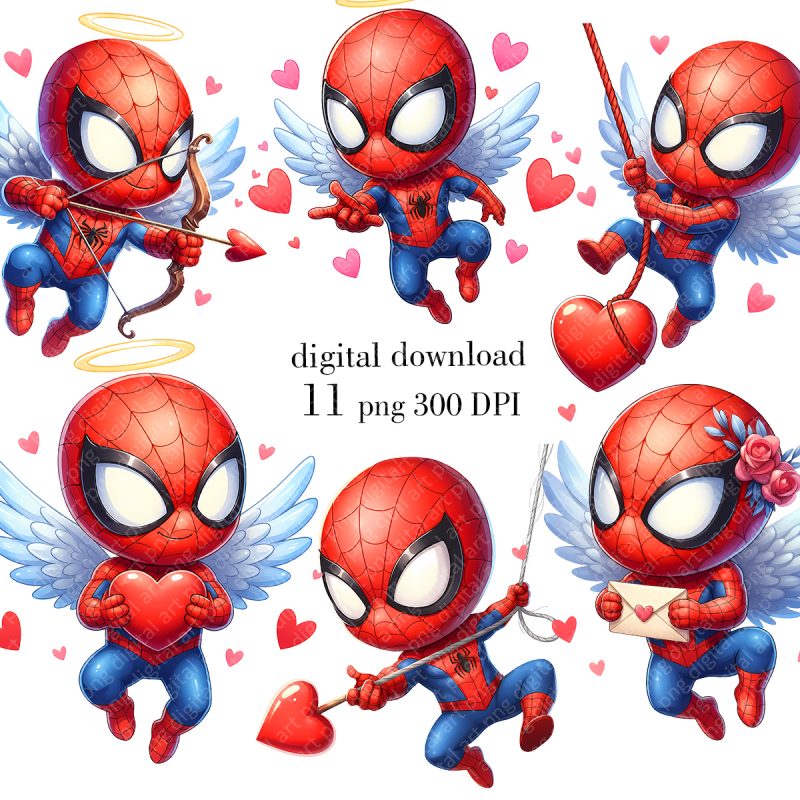 Cupid Spiderman Valentine Clipart, Chibi Superhero PNG, Angel Spider-Man