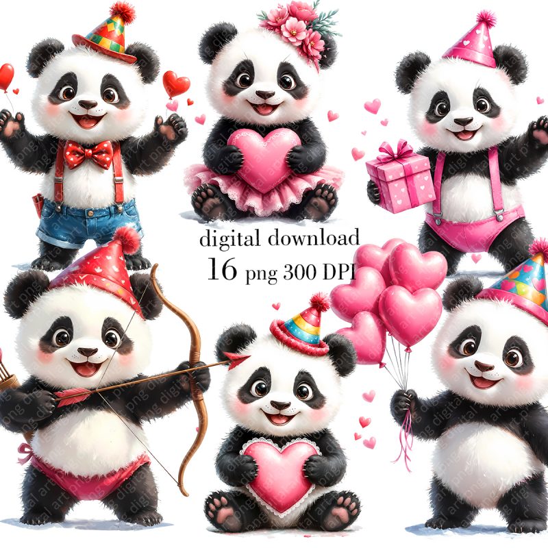 Valentine’s Day Panda Clipart, Kawaii Panda PNG Bundle, Cupid Panda, Heart Balloons