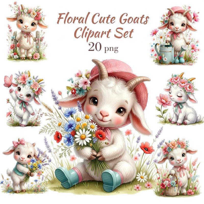 Cute Floral Goat Clipart, Little Goat with Flowers Illustration
