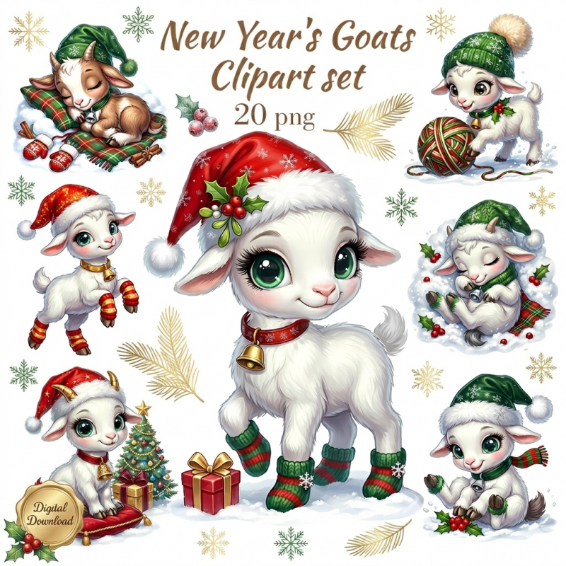 Christmas Goat Clipart Set, Cute Christmas Goat Images, Festive Holiday Decorations, Christmas Party Invitations