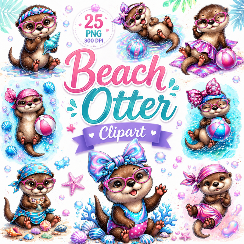 Cute Otter Clipart, Summer Beach Otter PNG Bundle