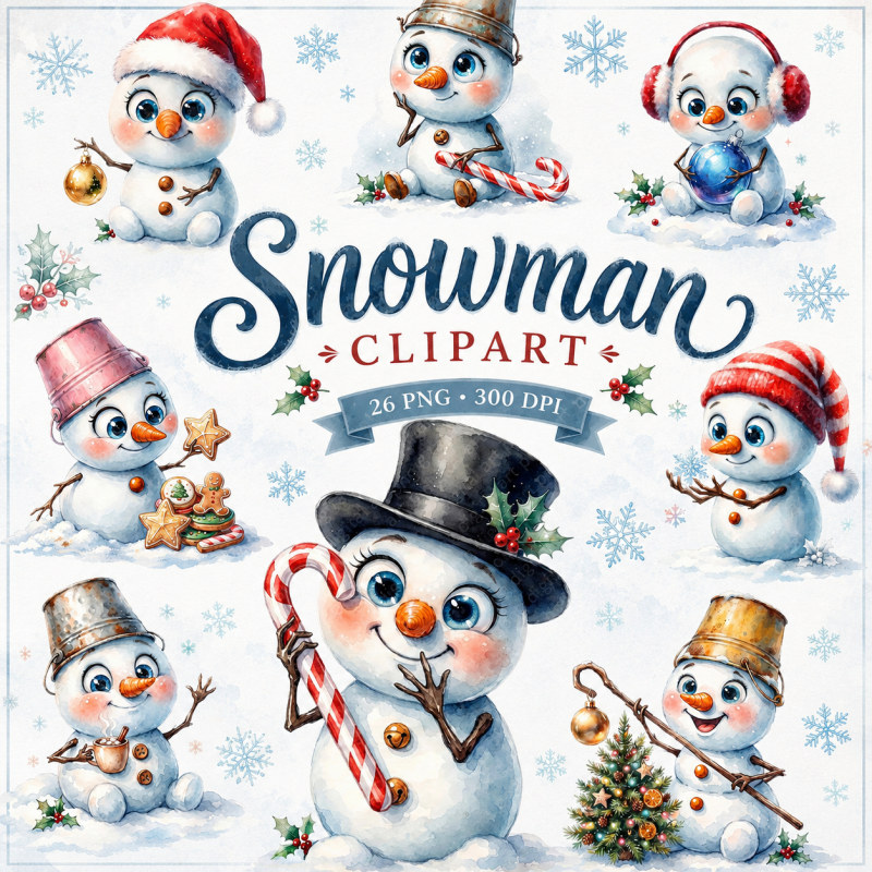 Cute Snowman Clipart, Winter Snowman Bundle PNG
